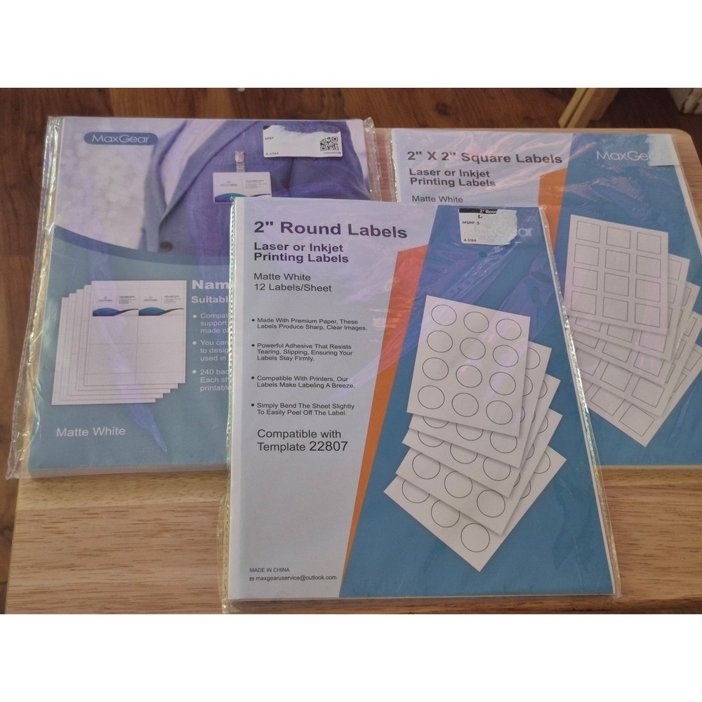 MaxGear 3 Pack Label Bundle White Round Square Name Badge Inkjet Laser Printer